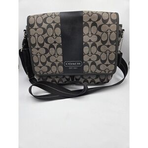 Coach Heritage Stripe Signature Messenger Bag Black Grey Crossbody F70590